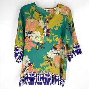 CAbi Poetry Silk Tunic Green Floral Size Small